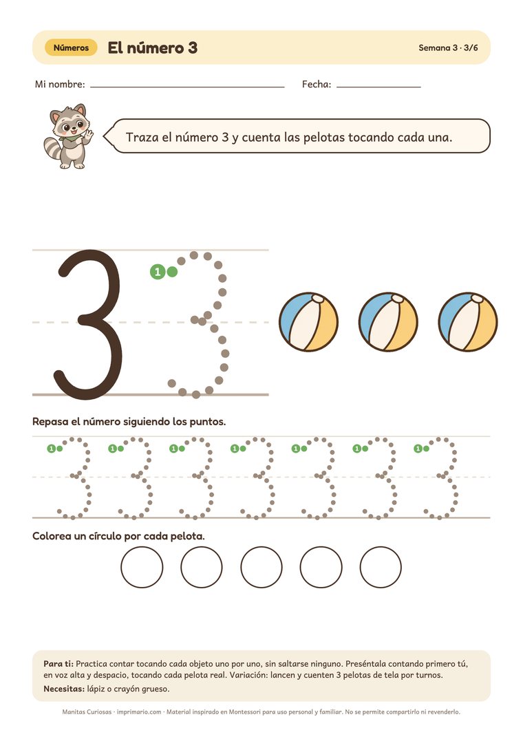 Ficha de números: el número 3