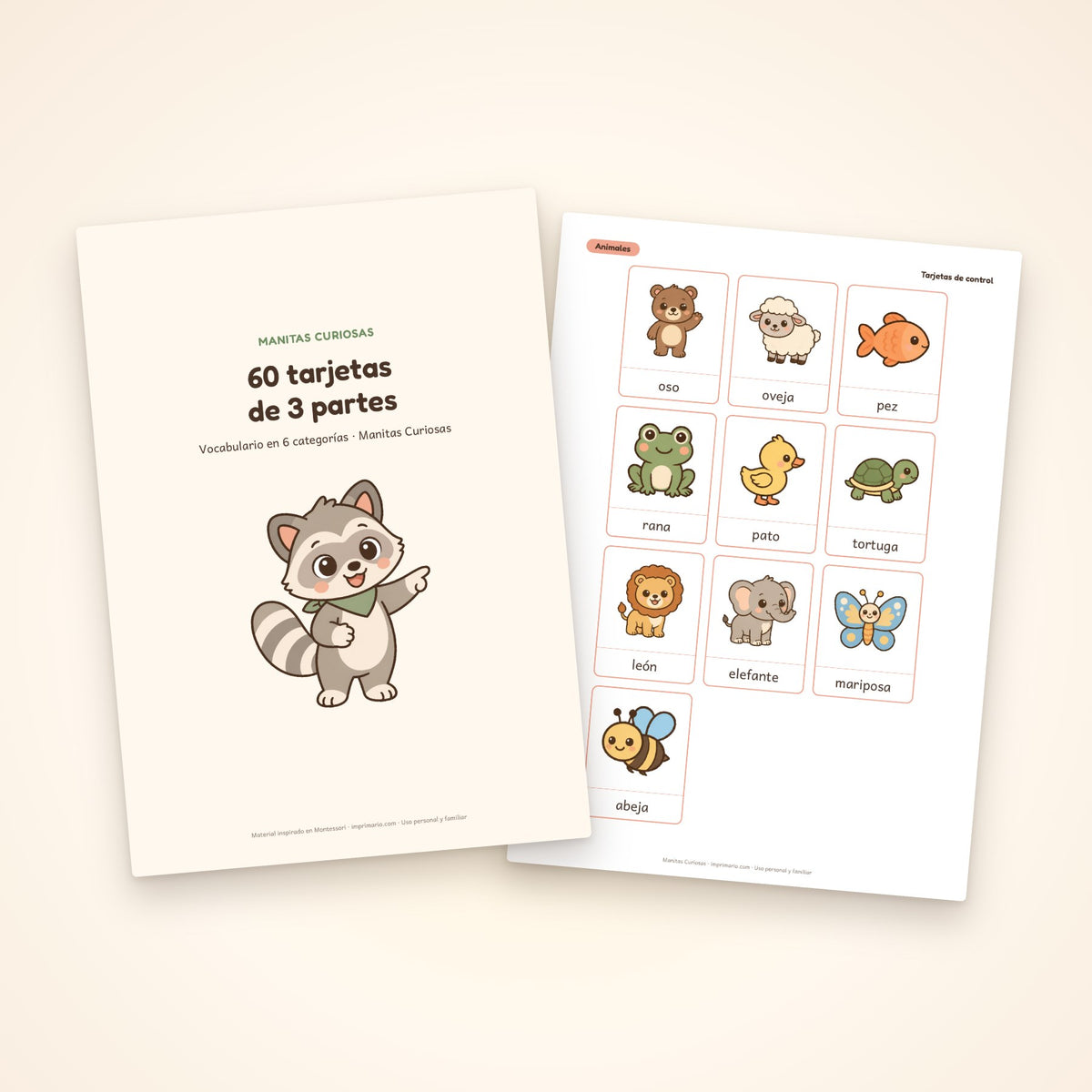 60 tarjetas de 3 partes: portada y tarjetas de animales